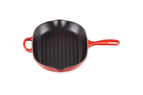 Le Creuset  Signature geëmailleerde gietijzeren ovale skillet grillpan met hulpgreep en twee schenktuiten, voor alle soorten kookplaten en ovens, 32 cm, kersenrood