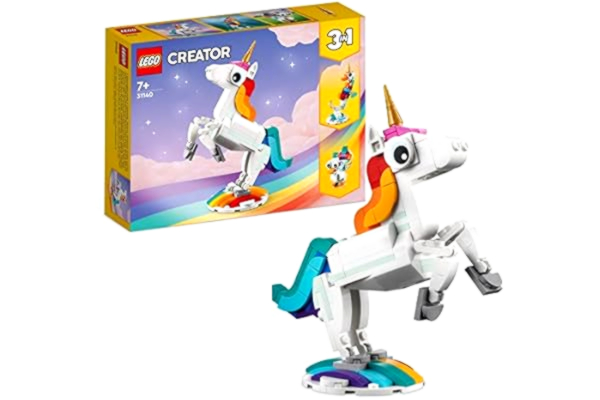 LEGO  31140 Creator Magisk enhörning Tre Magiska Varelser i Ett, Byggsats med Sjöhäst och Färgglad Påfågel med Rörliga Delar, Byggleksak för Barn, från 7 år