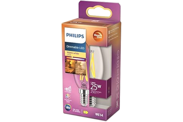 Philips PHILIPS LED classic - 25W, B35, E14, Klart glas, filamentljuskälla, WarmGlow 2200-2700 Kelvin, Dimbar, Varm Vit, 929003011901