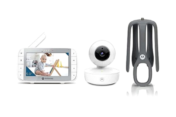 Motorola  Nursery VM55 video-babyvakt med panorerings-, lutnings- och zoomfunktioner, 5 tums(5.0 inch) färgskärm, mörkerseende, 2-vägsljud och temperatursensor och portabel babyenhet, Vit