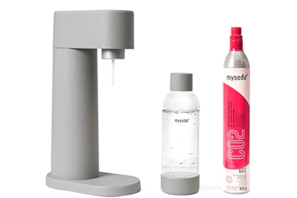 MySoda Mysoda: Woody set - bruiswatertoestel, van hernieuwbaar houtcomposiet met 1 l Quick-Lock, BPA-vrije plastic fles en CO2-cilinder, grijs