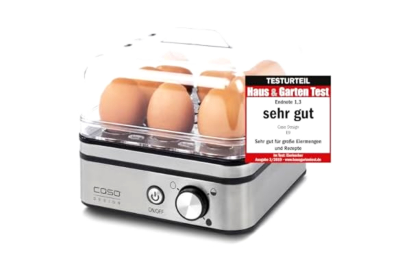 Caso CASO E 9 – Design äggkokare, testutvärdering: Mycket bra, elektronisk äggkokare för upp till 8 ägg, akustisk signal, inklusive mätkopp och iplockare och två pocherskålar, silver