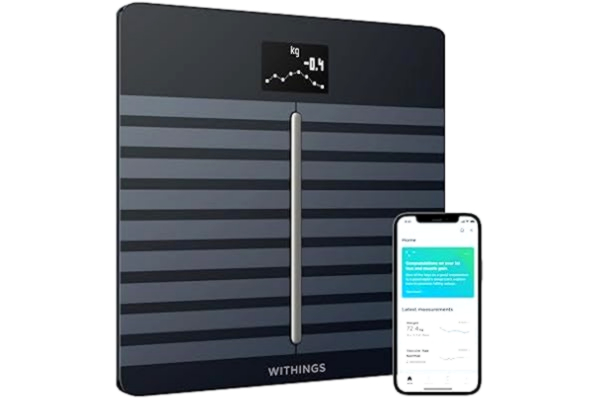 Withings  Kroppskardio – premium Wi-Fi kroppskomposition smart skala, spårar hjärthälsa, vaskulär ålder, BMI, fett, muskel- och benmassa, vatten%, digital badrumsvåg – svart
