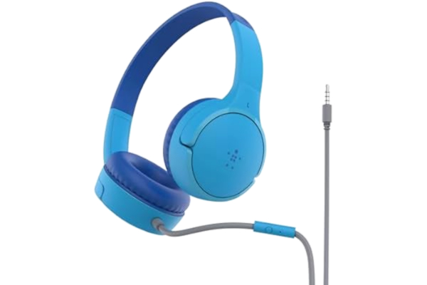 Belkin  SoundForm Mini kabelanslutna hörlurar för barn, utanpåliggande headset för barn med inbyggd mikrofon för online-utbildning, skola, resor, lek, för enheter med 3,5 mm anslutning - Blå